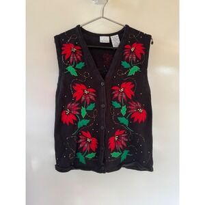 Bobbie Brooks Vintage Christmas Poinsettia Sweater Vest Black Plaid Beaded Small